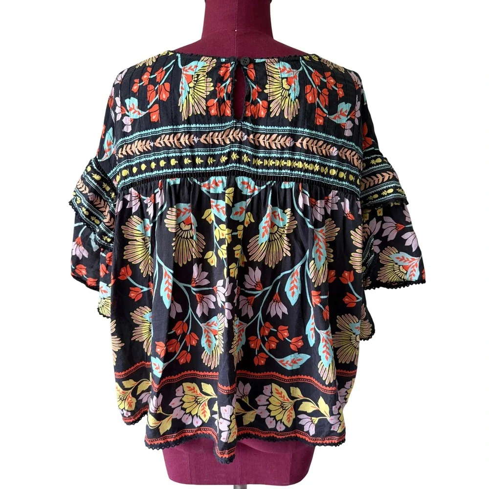 Farm Rio Blouse Top Short Sleeve Flowery Multicolor Medium - Picture 4 of 10